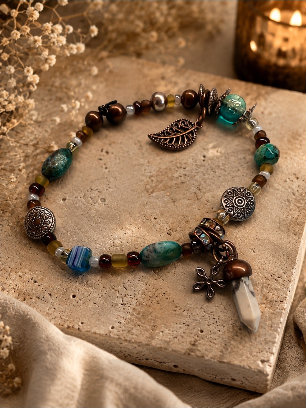 Boho Artisan Mixed Bead Charm Bracelet – Turquoise Glass Stone Copper Tone